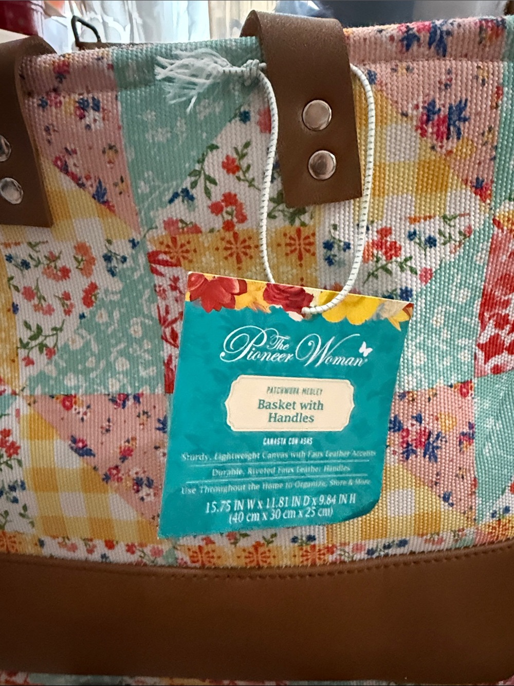 The Pioneer Woman Pastel Floral Patchwork Tote with Brown Handles